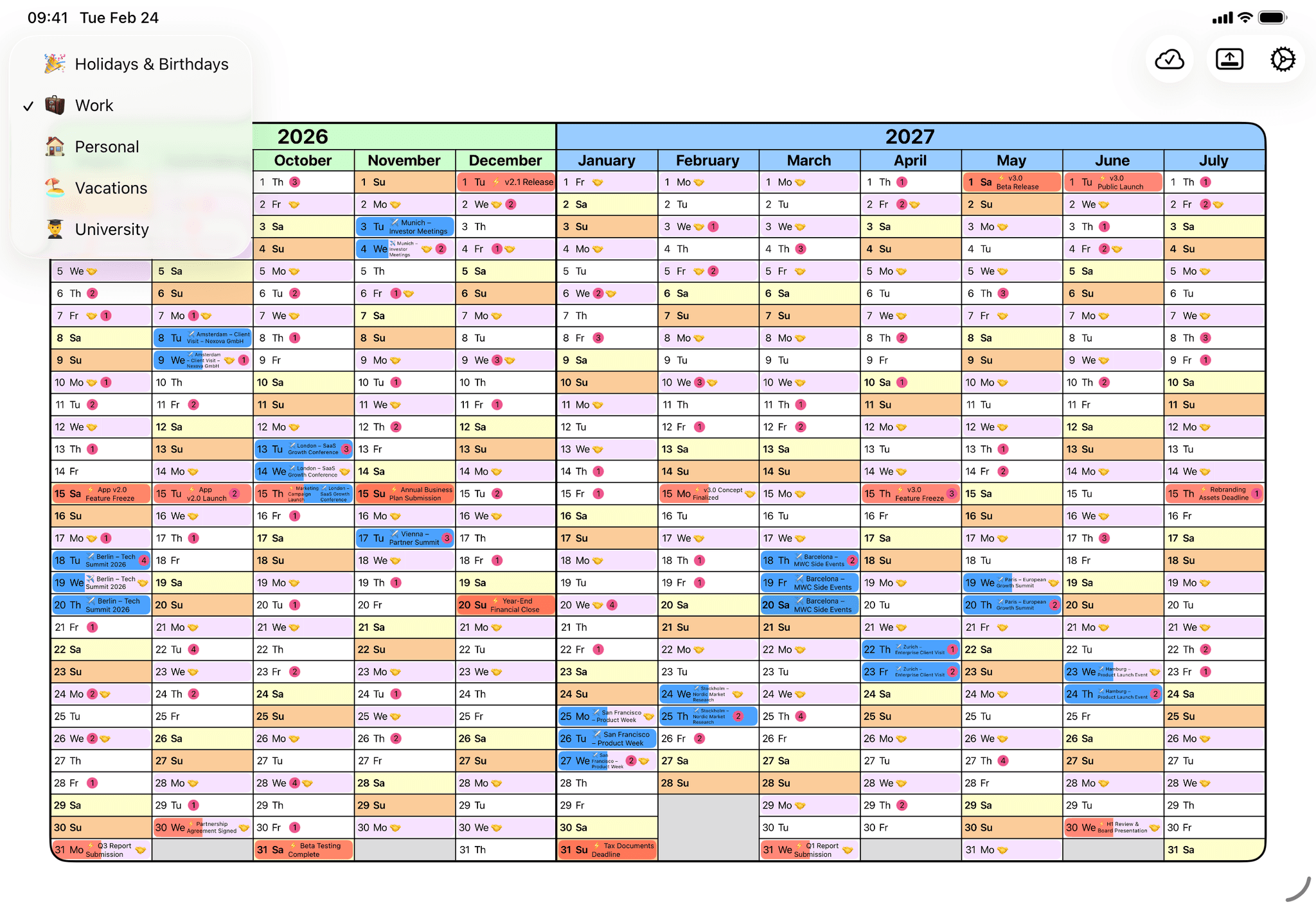 Custom calendar views in Yearli with color-coded events