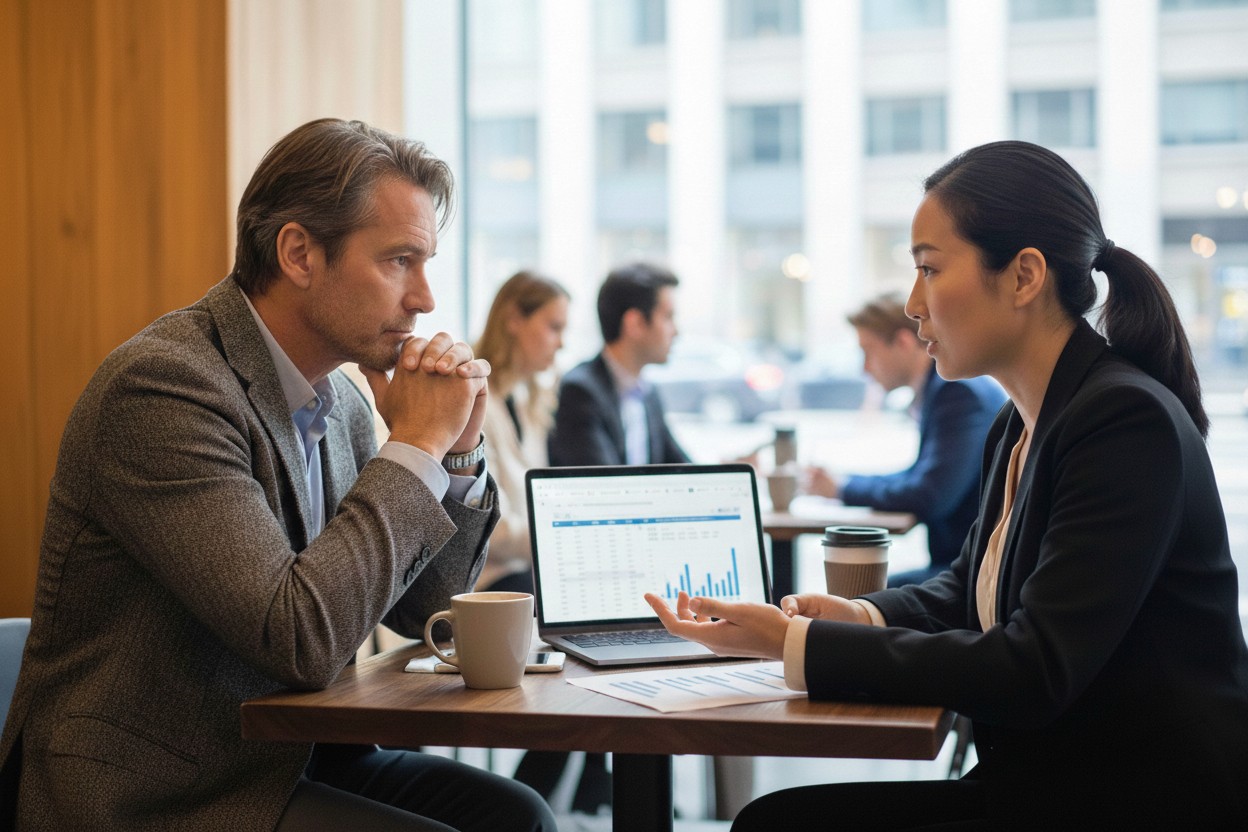 man and woman sitting at table