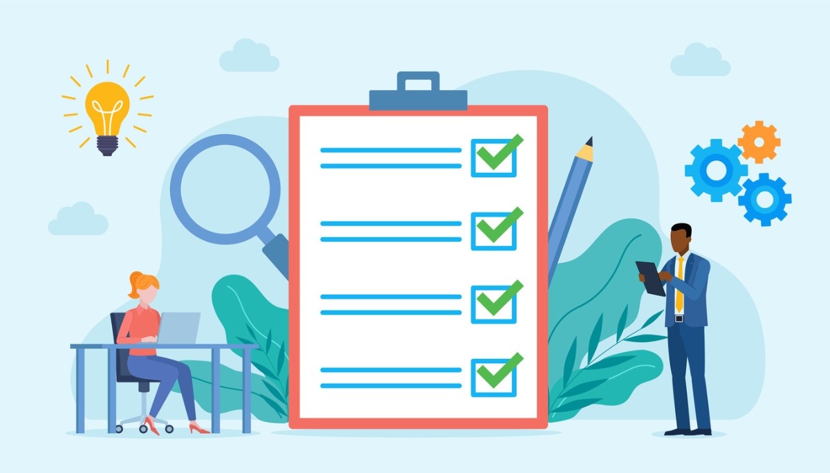 Illustration of two professionals reviewing a checklist and a labeled product machine with gear icons, symbolizing the key differences between quality assurance (process-focused) and quality control (product-focused) in ensuring standards and reliability.