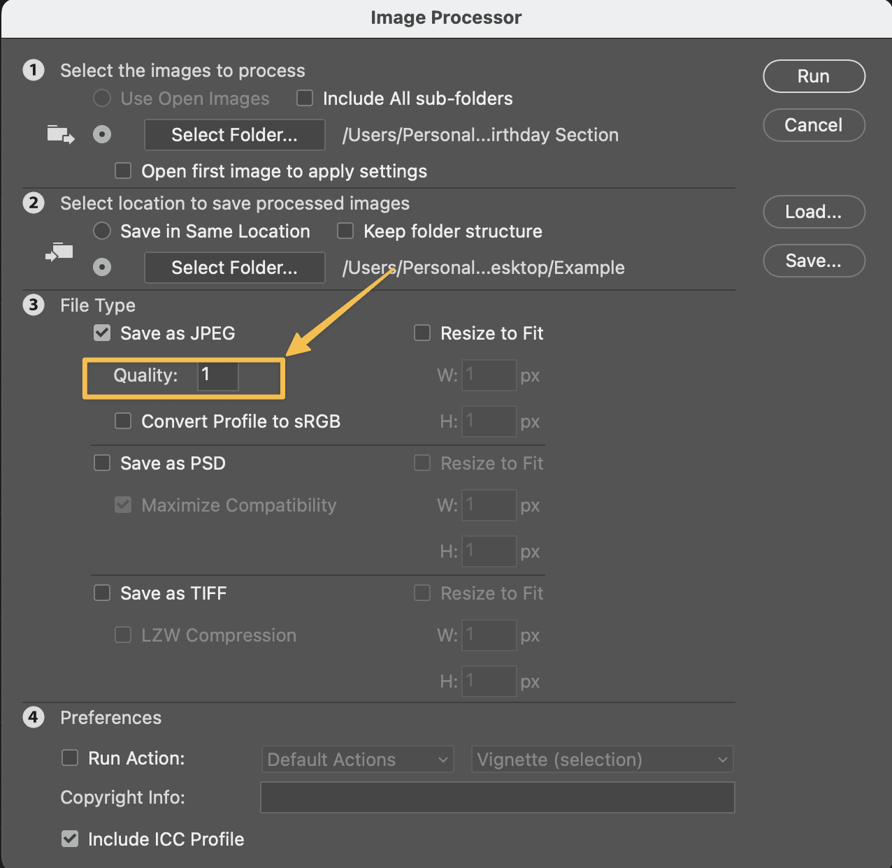 Arrow pointing to "Quality" for the image to be chosen