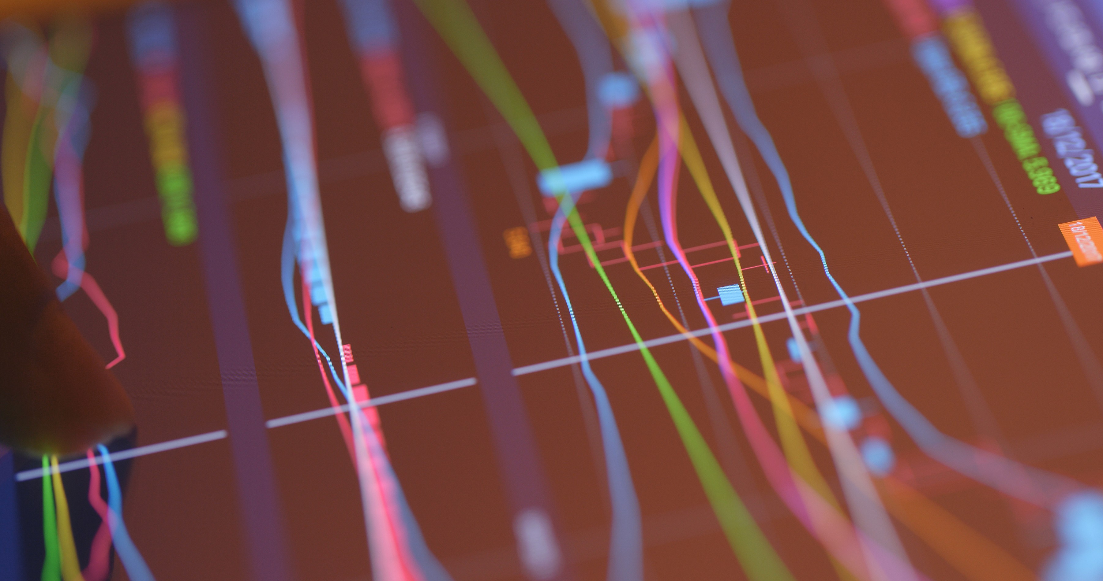 Complex data visualisation on screen, illustrating challenges in marketing strategy for financial services and data integration.