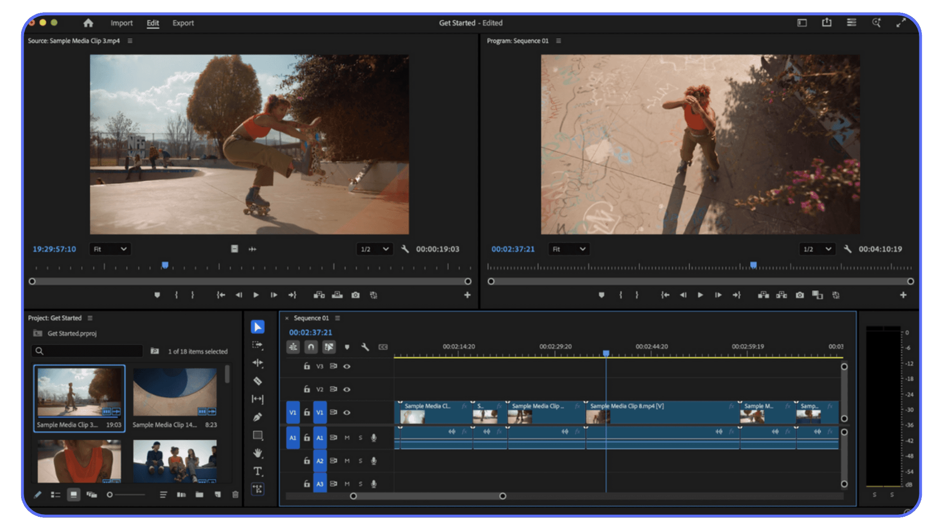 Premiere Pro editing workspace showing source monitor, program monitor, and timeline during a video edit