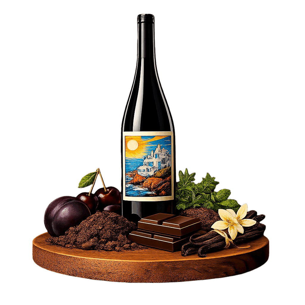 Artistic label and flavor profile for Uruguayan Merlot on a rustic wooden table.