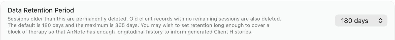 Data Retention Period showing the newly selected 180 days.