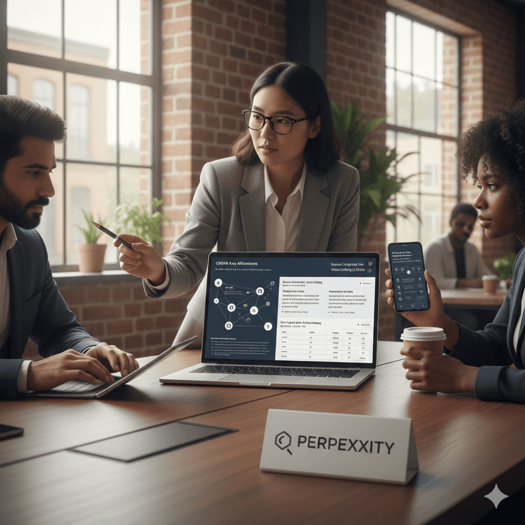 In a modern office setting with large windows, three professionals, including a woman pointing at a laptop screen displaying data and graphs titled "PERPEXXITY," discuss strategies, while another holds a smartphone, emphasizing collaborative analysis and hidden features in business tools.