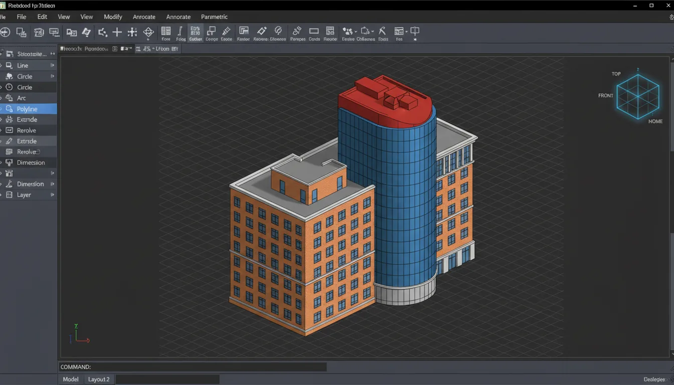 Screenshot of AutoCAD CAD software interface in Modern Dark Mode, displaying an isometric 3D architectural model of a multi-story building. The UI features a complex top ribbon toolbar with abstracted icons and dropdown menus, a left sidebar with a vertical list of tools, and a 3D navigation cube in the top right corner. The central viewport shows the building model which has flat-shaded orange brick sections with gridded windows, a large curved blue glass curtain wall, and a solid red roof, all set against a dark grey canvas.