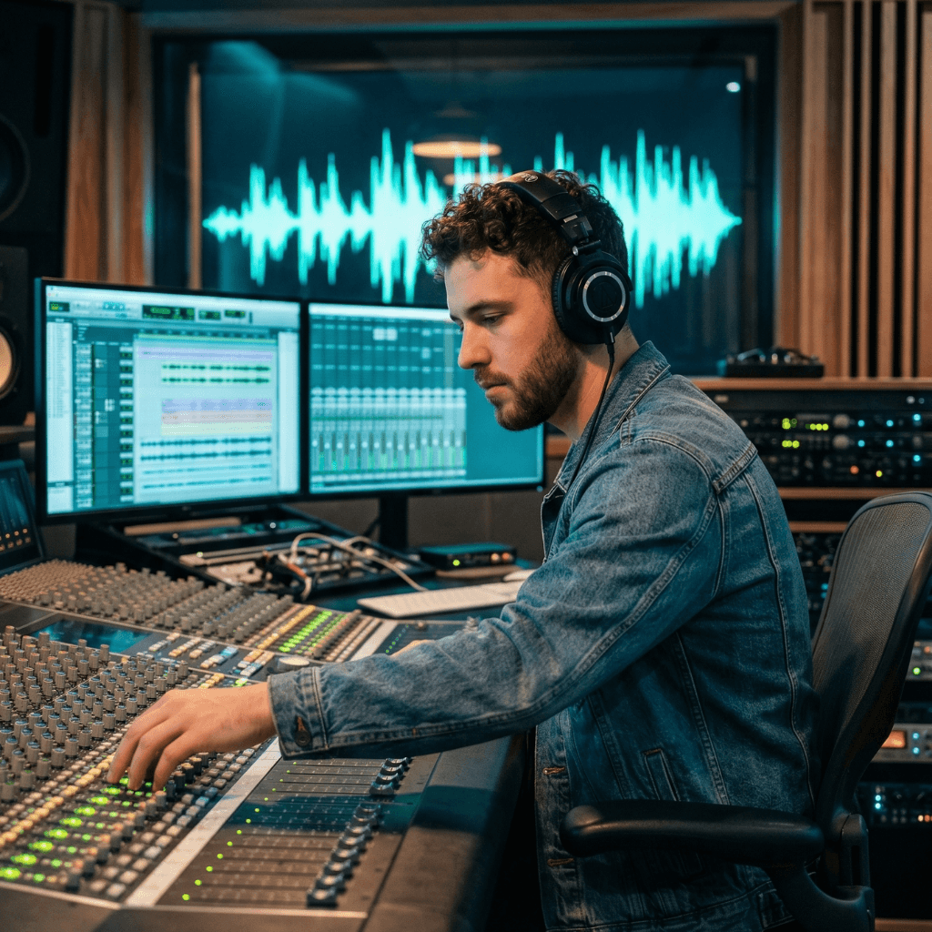 Productor musical trabajando en ordenador con software de audio