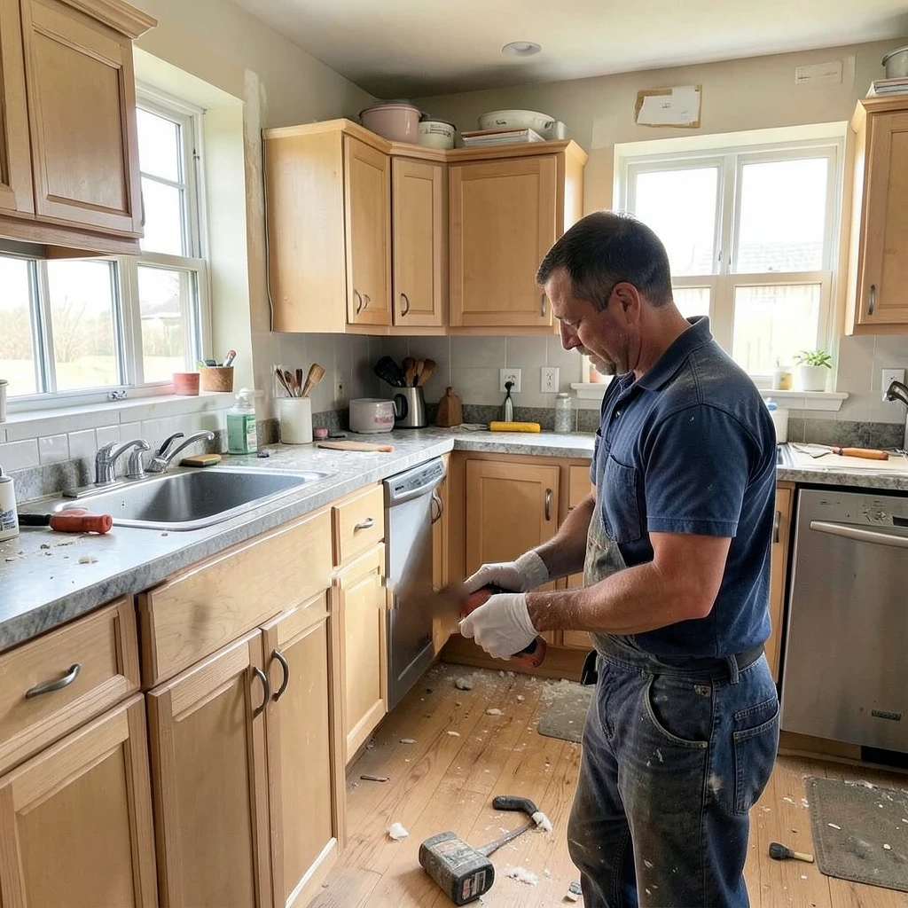 Carpenter installing cabinets in kitchen
