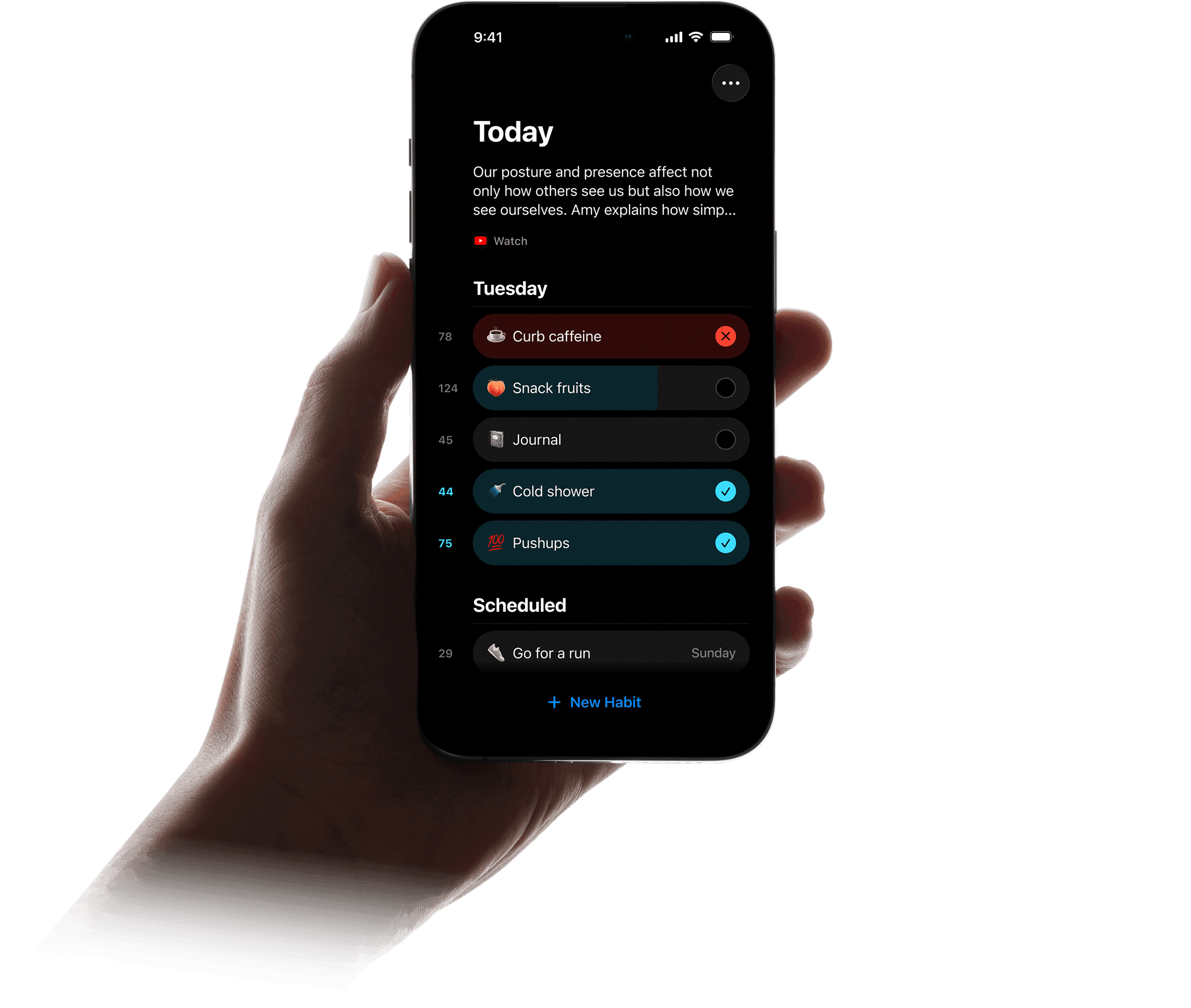 Hand holding the Habitastic habit tracking app in dark mode.