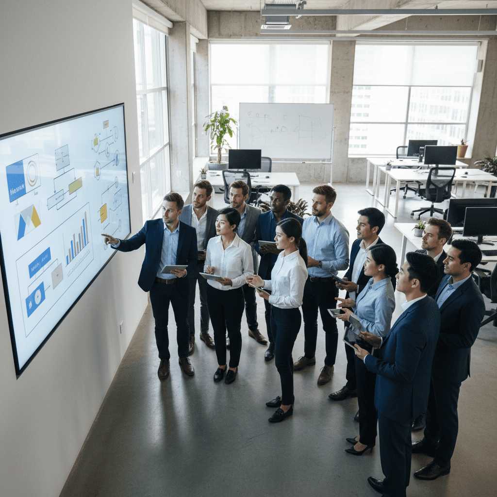 Operations and customer success team reviewing complex B2B workflows on a large screen