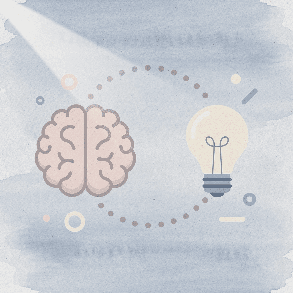 Brain icon connected to a lightbulb representing creative thinking development