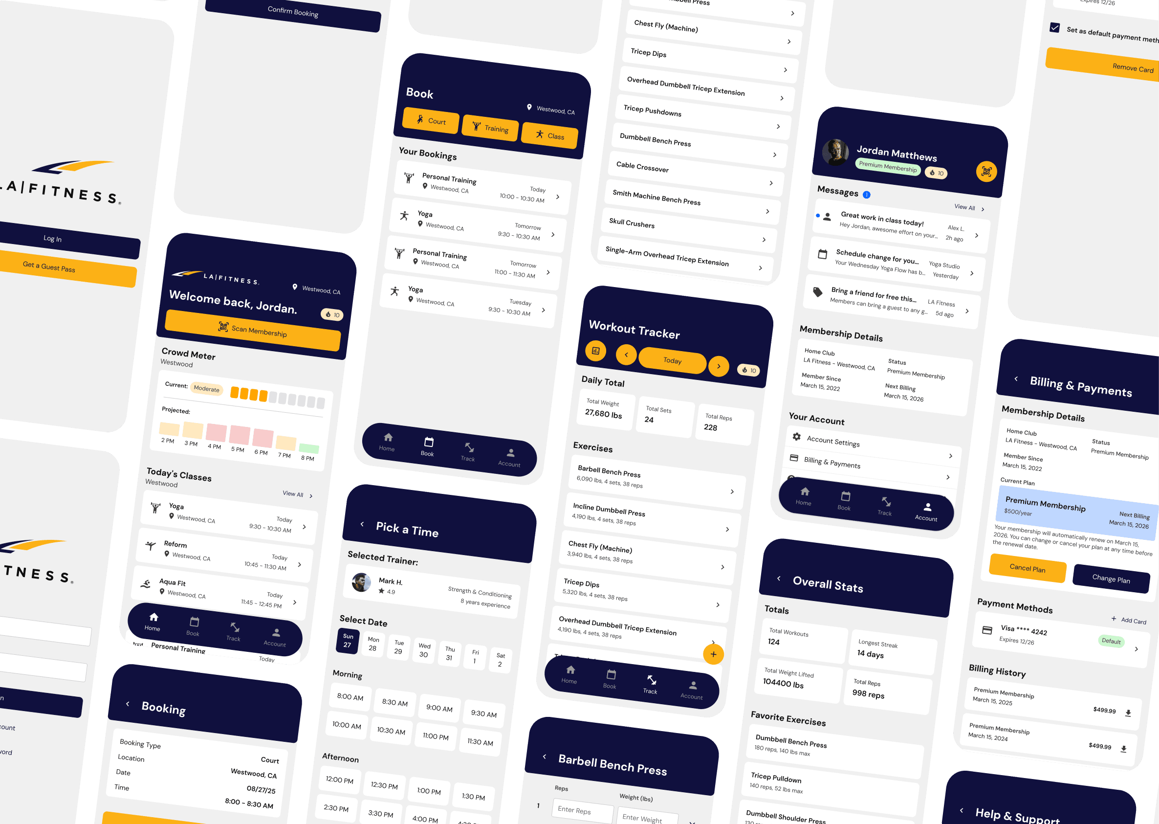 Collage of final high-fidelity LA Fitness app screens showcasing the redesigned interface and key features