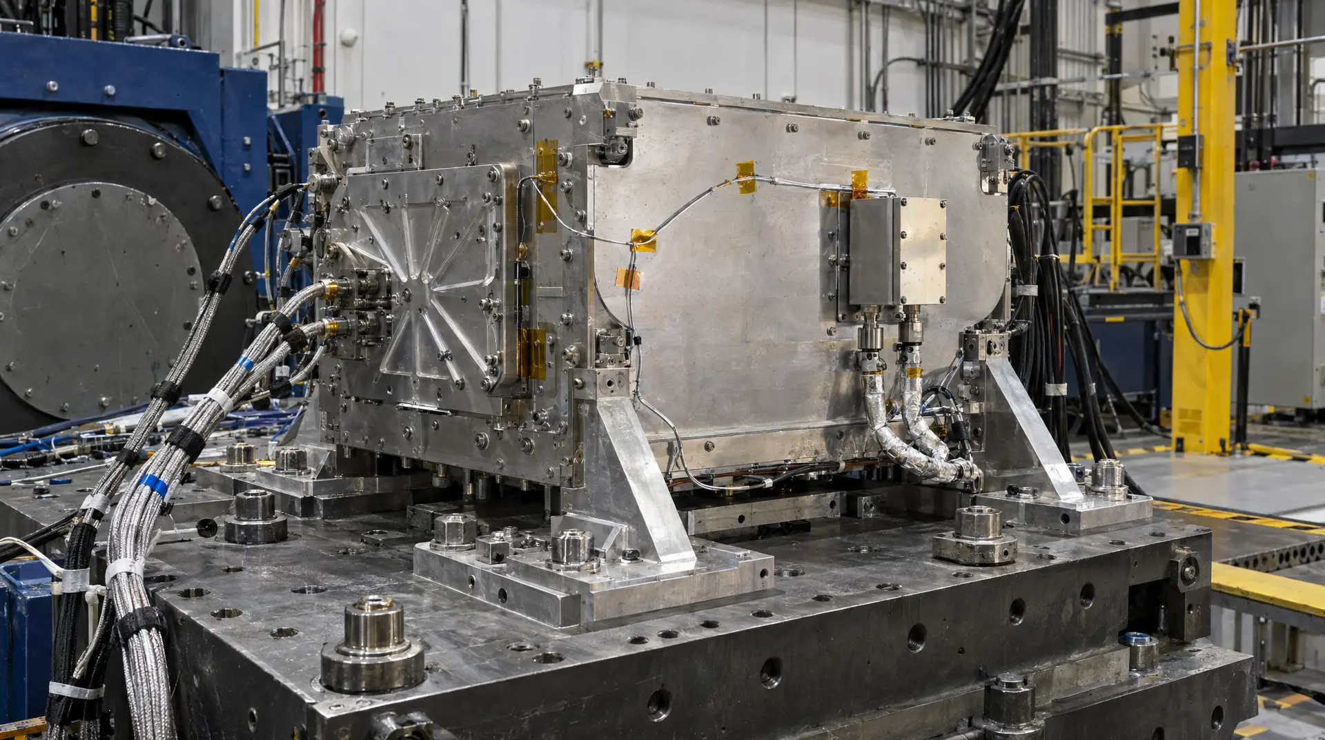 A high-precision industrial test module in a facility, framed for semiconductor marketing and manufacturing video marketing storytelling.