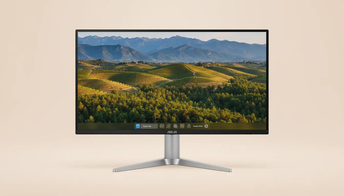 DSLR product photography of an ASUS ProArt professional workstation monitor, centered against a solid light-peach studio backdrop. The monitor, featuring a thin black bezel and a silver brushed-metal stand, is in crisp, sharp focus. Soft studio lighting illuminates the scene. The screen displays a vibrant, high-resolution wallpaper of sun-drenched rolling hills covered in terraced vineyards and a dense forest, with mountains in the background. A clean, macOS-style dock with generic UI icons sits at the bottom of the display.