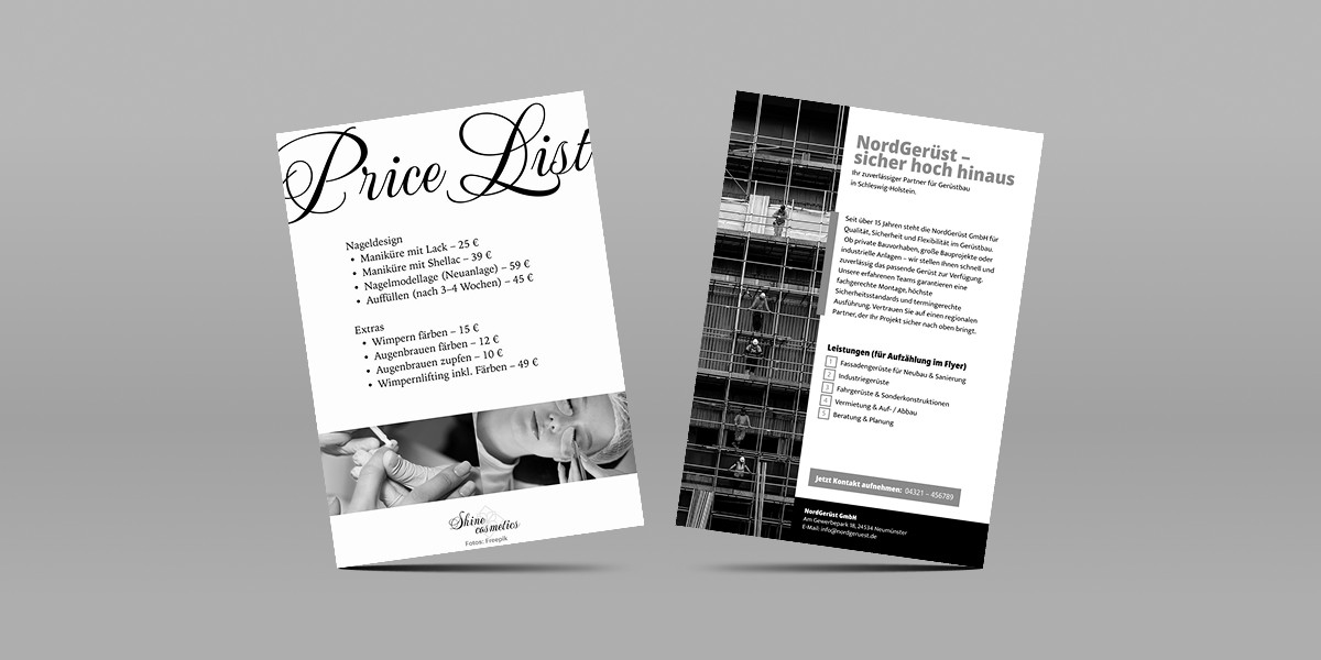 Zwei Flyer, die Printdesigns zeigen.