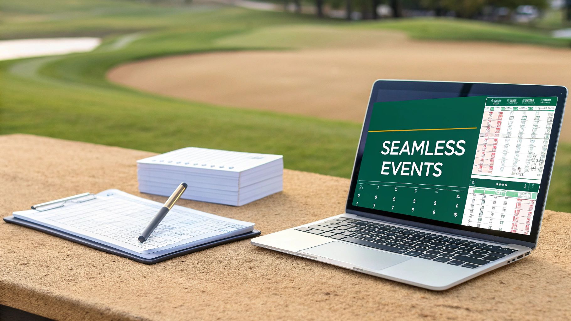 A laptop showing 'SEAMLESS EVENTS' software, with a clipboard, pen, and scorecards on a golf course.