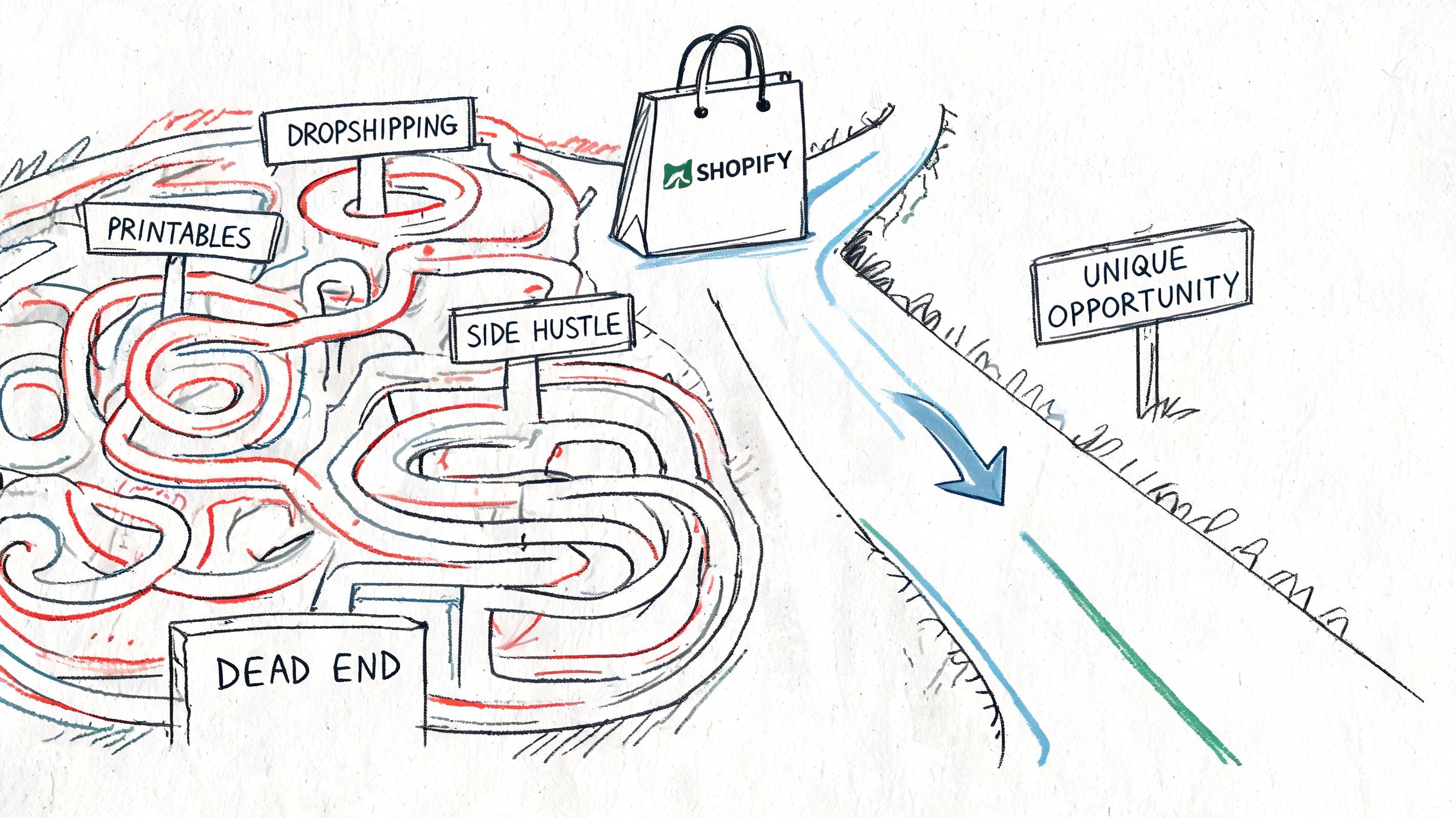 A hand-drawn illustration showing a complex maze labeled with various business paths leading to a Shopify bag.