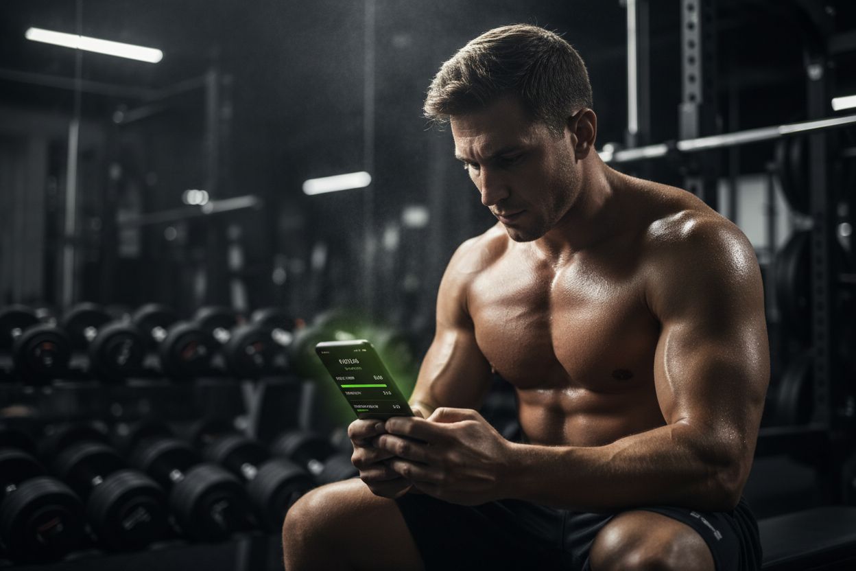 Lifter checking a workout app between sets