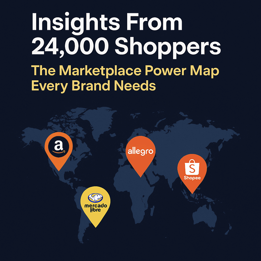 A dark navy world map graphic featuring pinned marketplace icons across key regions: Amazon over North America, Mercado Libre over South America, Allegro over Central Europe, and Shopee over Southeast Asia. The headline “Insights From 24,000 Shoppers, The Marketplace Power Map Every Brand Needs” appears at the top in bold white and yellow text.