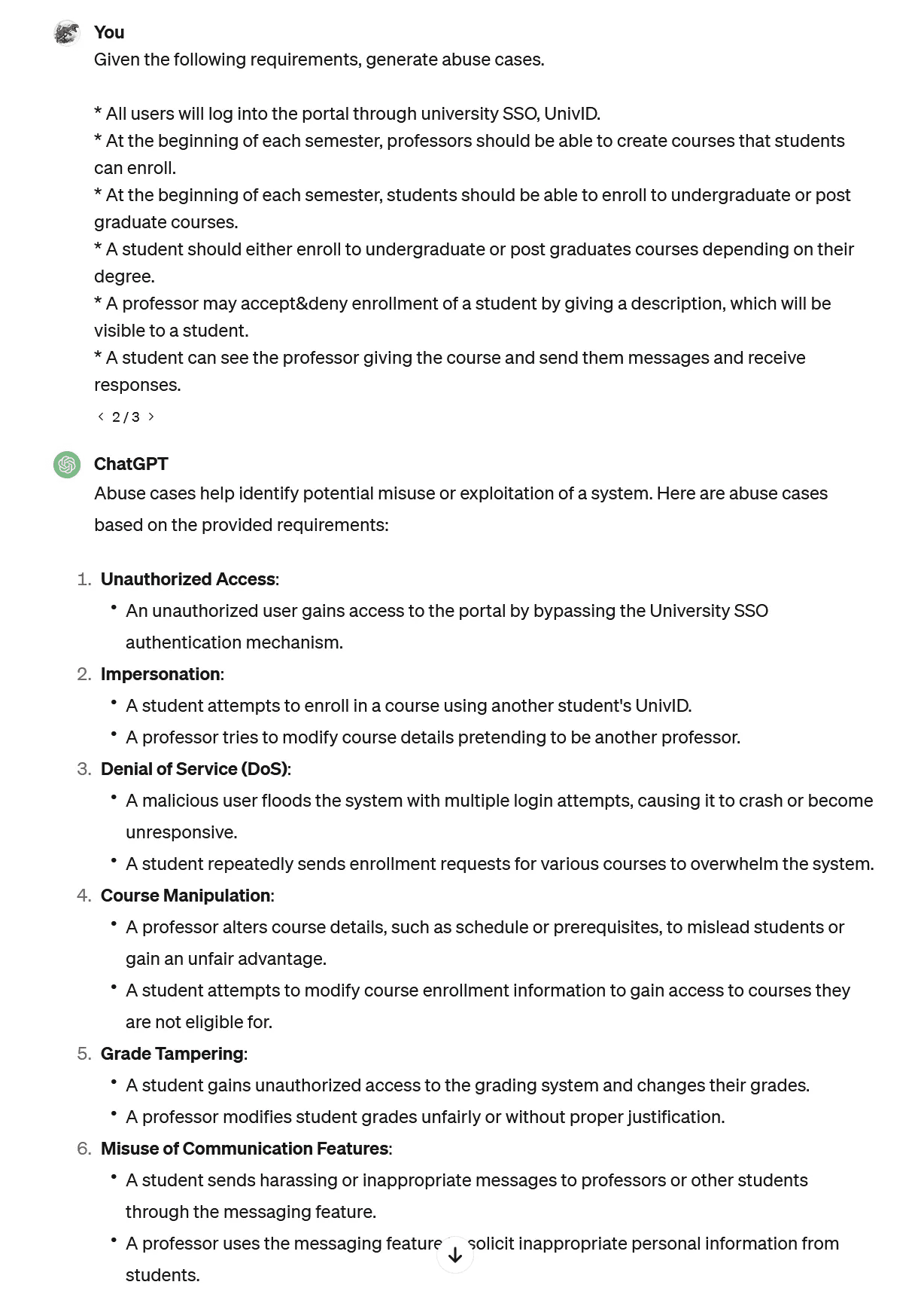 An example of using LLMs to produce abuse cases out of written functional requirements