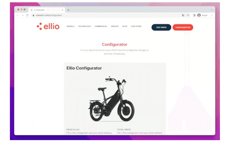 Ellio on page product configurator