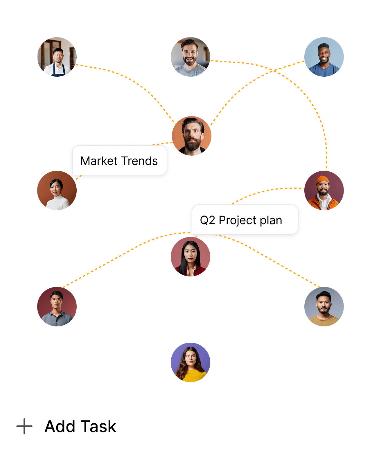 Team collaboration interface showing connected team members, shared tasks, and real-time workflow communication