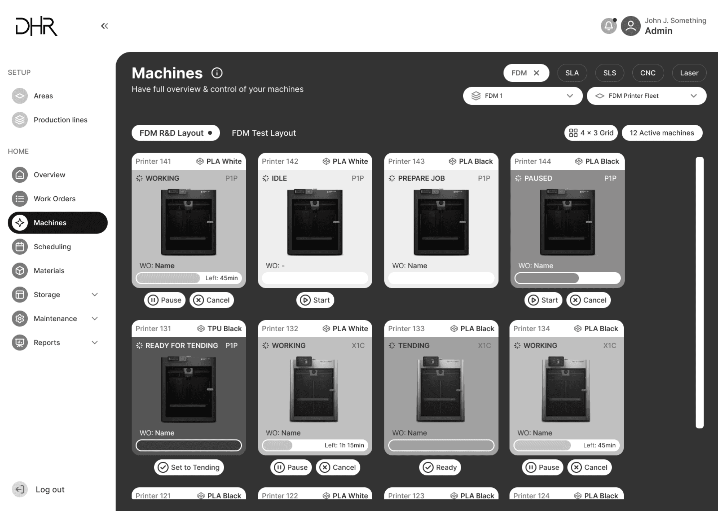 screenshot of unified 3d print farm management software by dhr engineering, real time printer progress tab