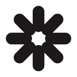 Black circular burst icon with eight rounded arrows pointing outward from the center.