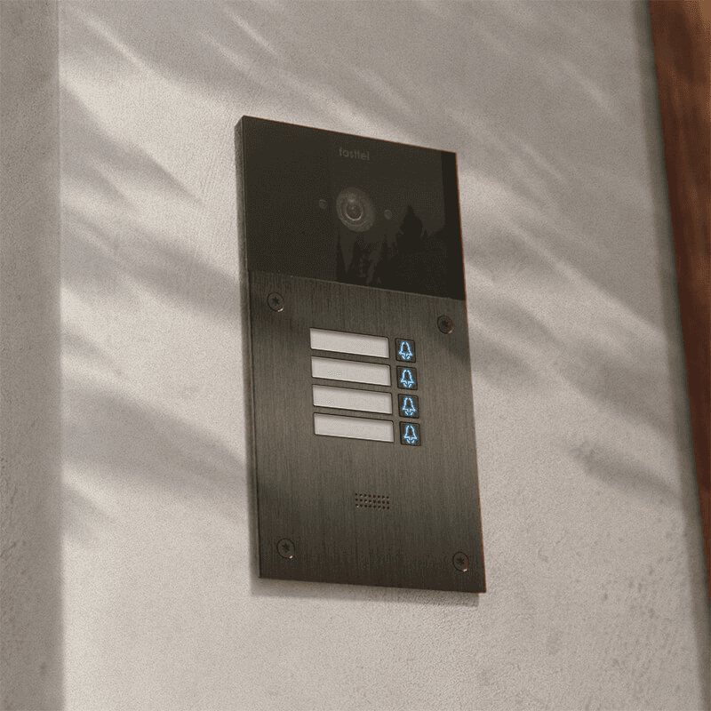 Intercom with camera and four call buttons.