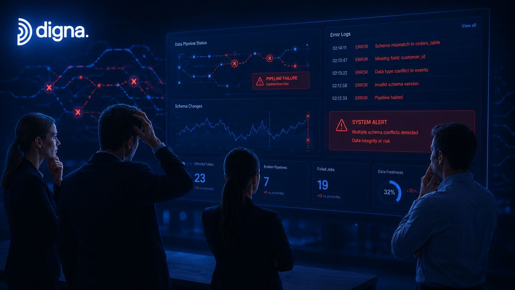 A professional team observes a data monitoring dashboard showing critical system alerts and failed pipelines in dark.