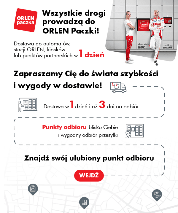 The desktop design utilizes a dotted-line path to guide the user through the service benefits, including delivery speed (1 day) and parcel pickup availability (3 days), ending with a prominent "WEJDŹ" (Enter) button.