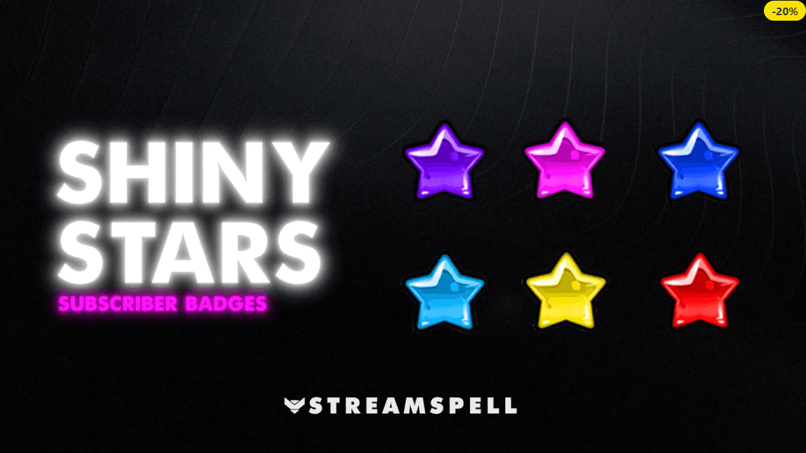 Shiny Stars Subscriber Badges preview – a set of 6 colorful star-shaped badges in purple, pink, blue, yellow, and red. Perfect for Twitch, YouTube, Discord, and Facebook Gaming streamers looking to add bright, eye-catching visuals to their channel.