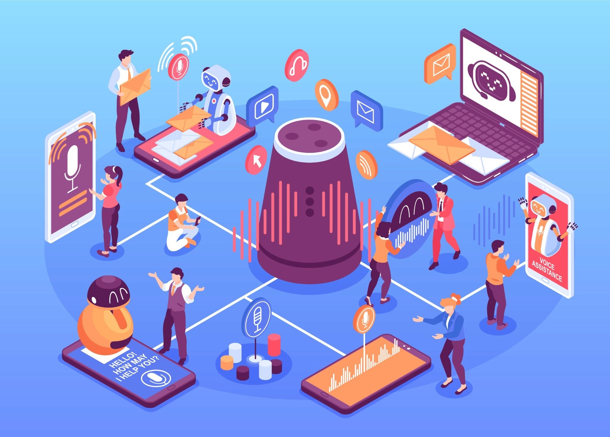 Isometric illustration of an AI voice assistant hub connecting users across multiple devices and communication channels.