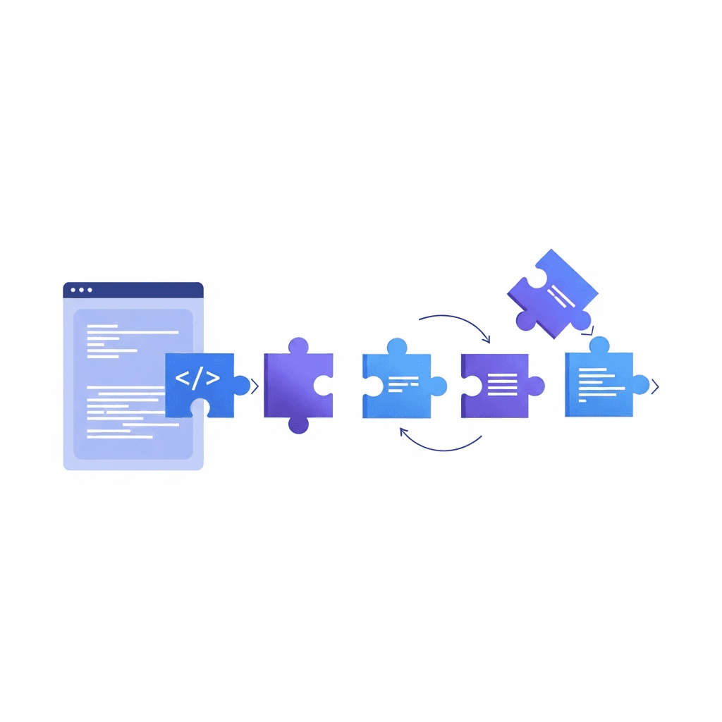 A clean, modern illustration showing a complex software feature being broken down into smaller sequential building blocks or puzzle pieces, arranged in a flowing progression from left to right. Each piece represents a discrete coding task. Use a tech-forward color palette with blues, purples, and gradients. The style should be minimalist and professional, suggesting modular development and systematic iteration.