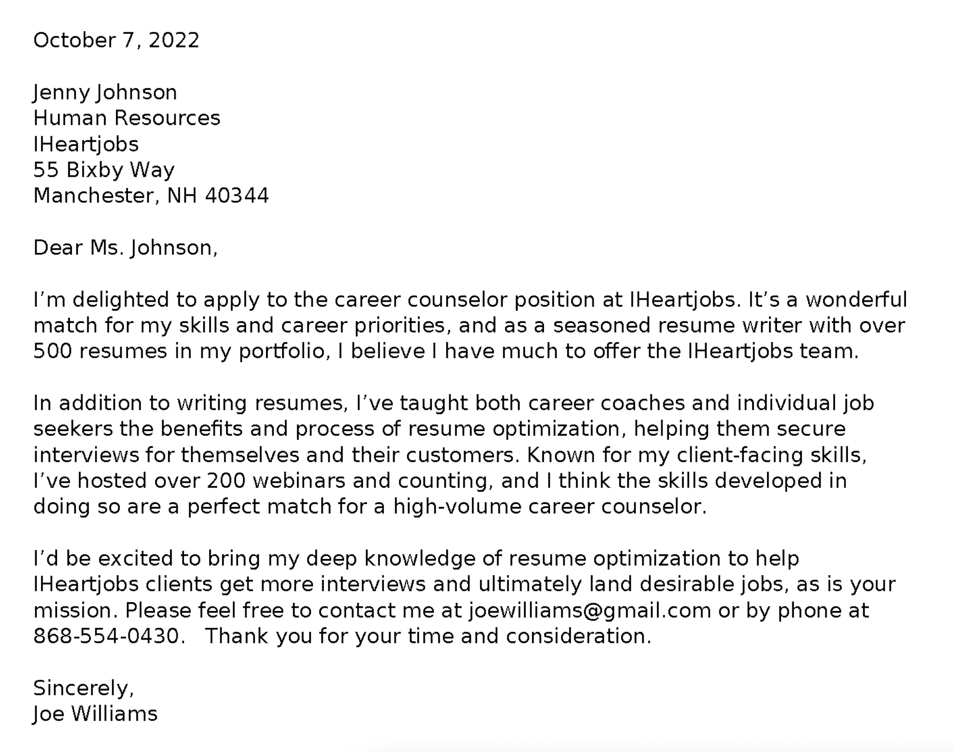 Example cover letter and job application template