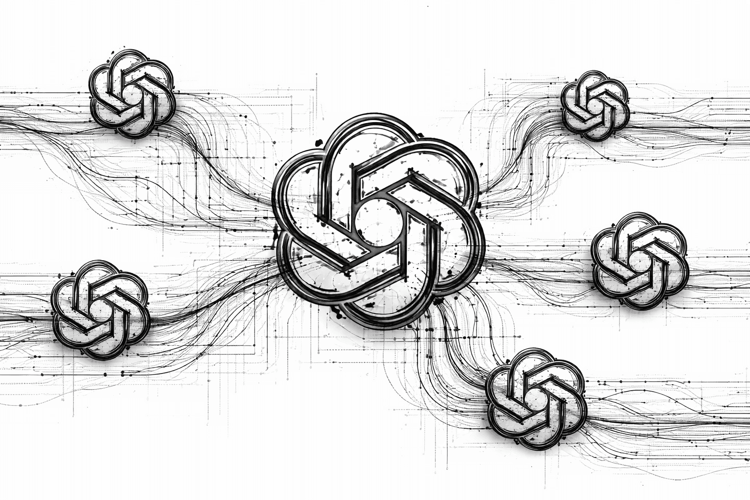 Ilustração em preto e branco da logo do ChatGPT formada por fios e linhas algorítmicas entrelaçadas, representando processos generativos, inteligência artificial e otimização de conteúdo para mecanismos de resposta e motores generativos. Fundo branco, estilo minimalista e conceitual.