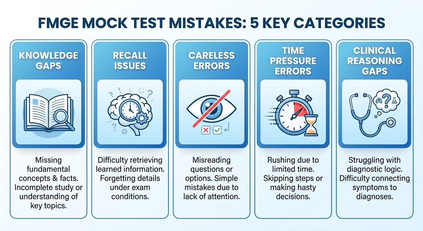 FMGE mistake classification chart showing knowledge gaps, recall issues, careless errors, time pressure, and clinical reasoning
