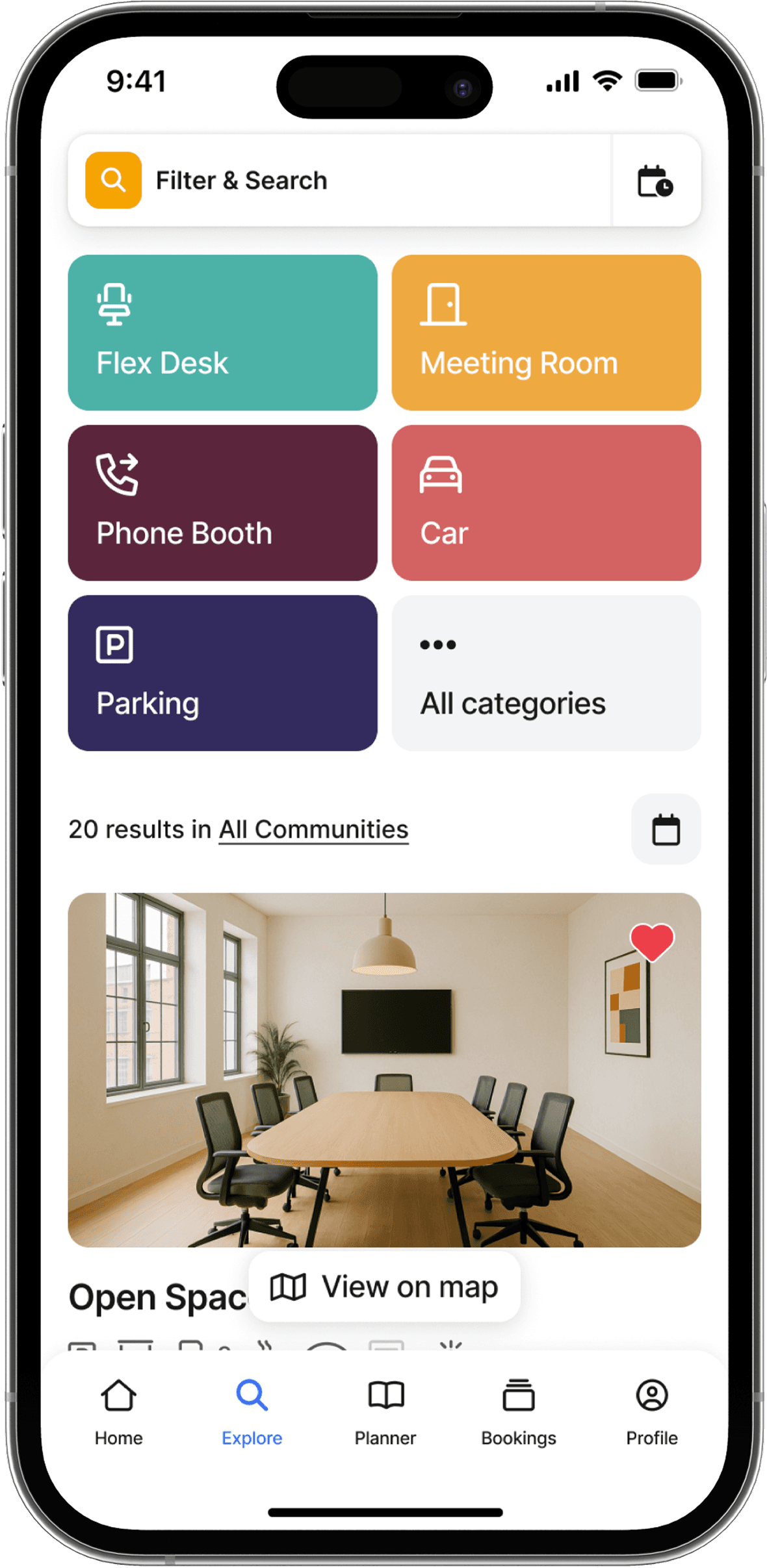 Die Erkunden-Seite im Buchungssystem anny zeigt die buchbaren Räume und Arbeitsplätze eines Coworking Spaces.