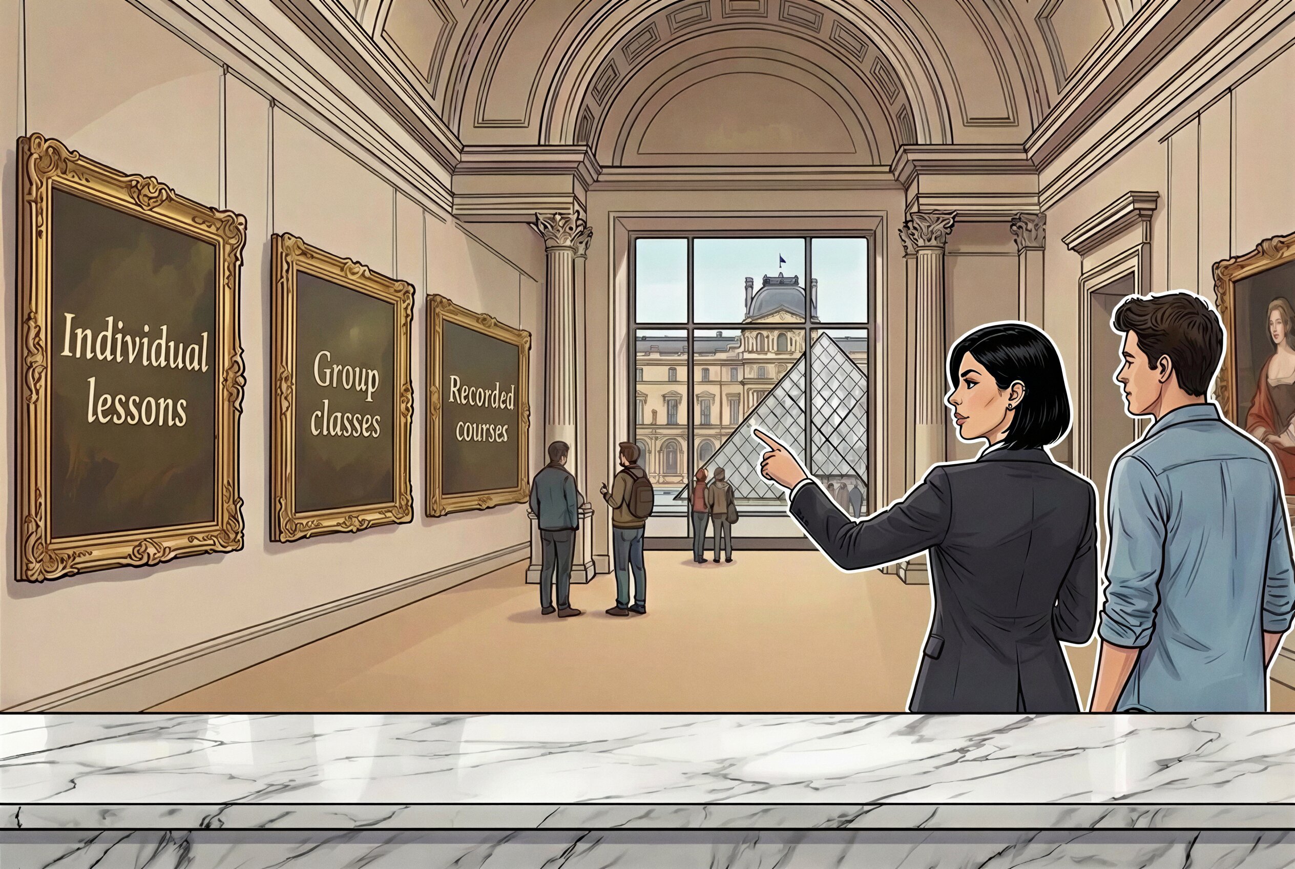 A female teacher pointing at three framed paintings labeled Individual lessons, Group classes and Recorded courses inside a grand Louvre-style museum hall with the glass pyramid visible through the window.