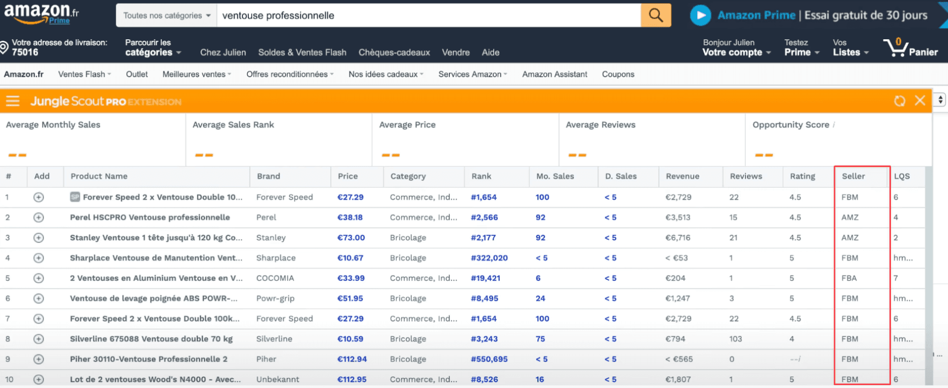 Analyse de niche Amazon avec l'extension Chrome Jungle Scout montrant les types de vendeurs FBM, AMZ, et FBA