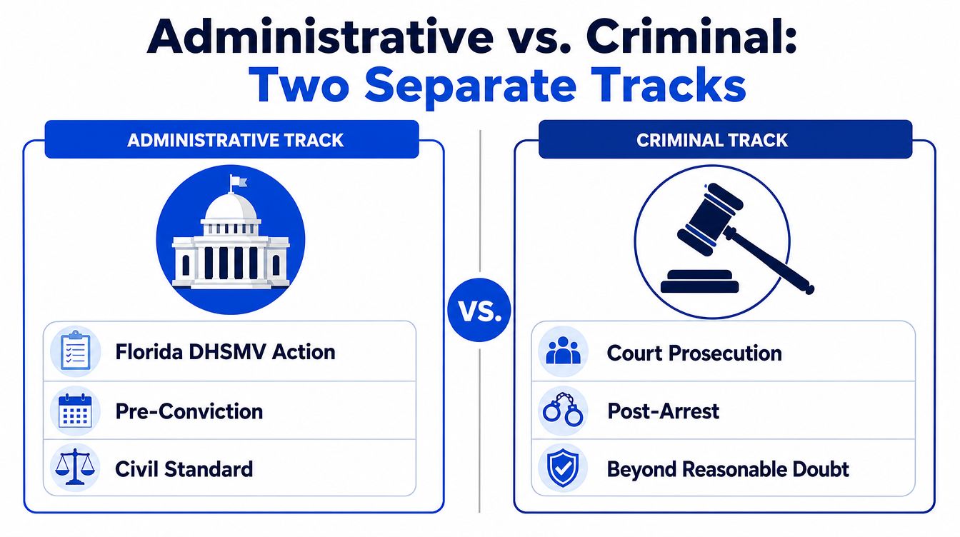 A comparison chart showing the differences between Administrative Track and Criminal Track legal processes.