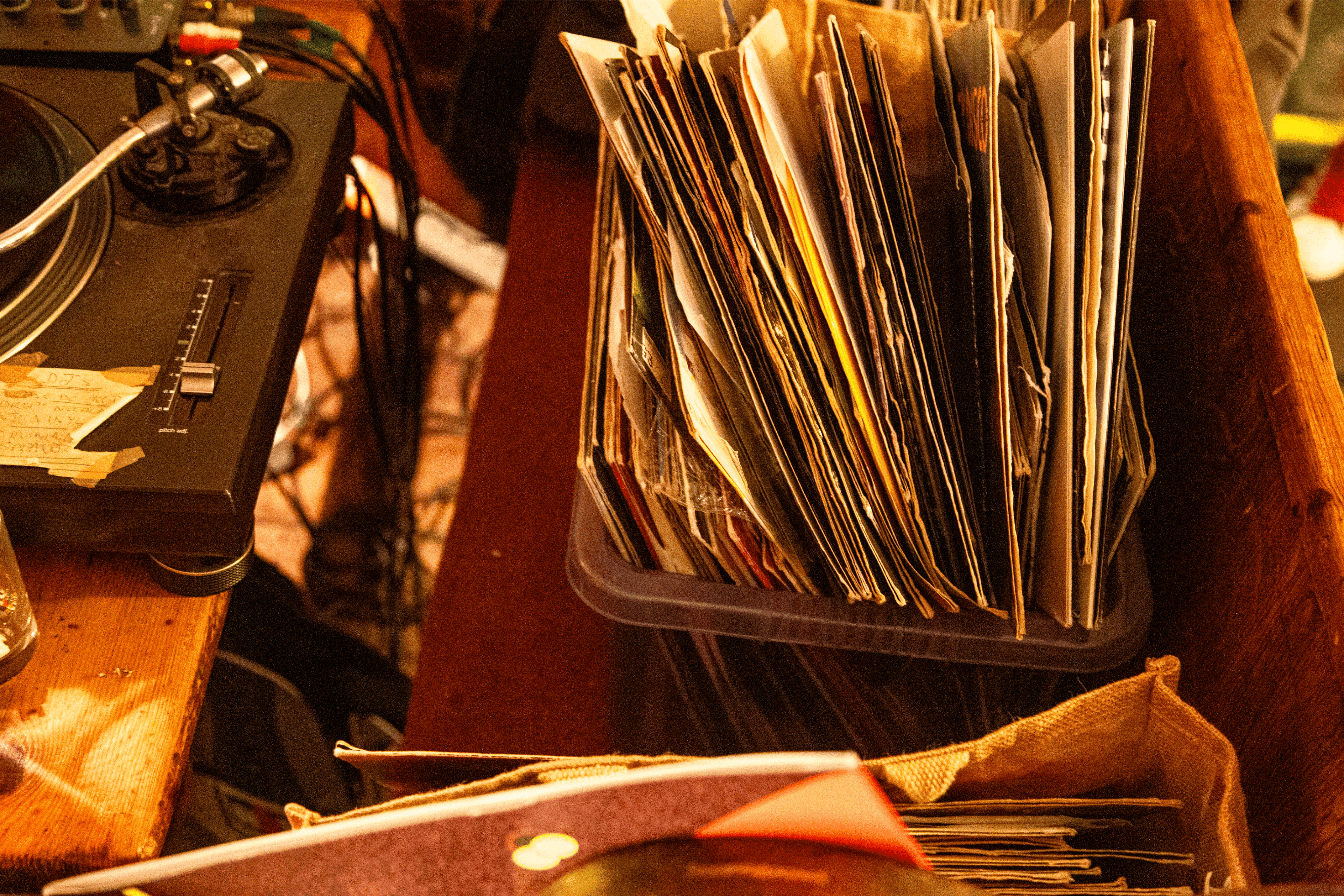 A box of records on a pub bench at The Bell pub Bristol