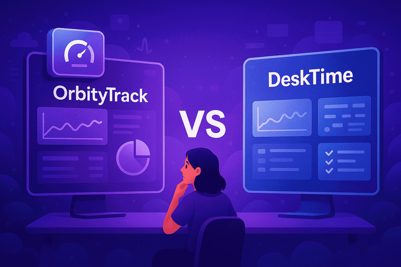 Illustration of a person thoughtfully comparing two monitoring dashboards, one showing detailed productivity analytics and the other structured time and activity reporting.