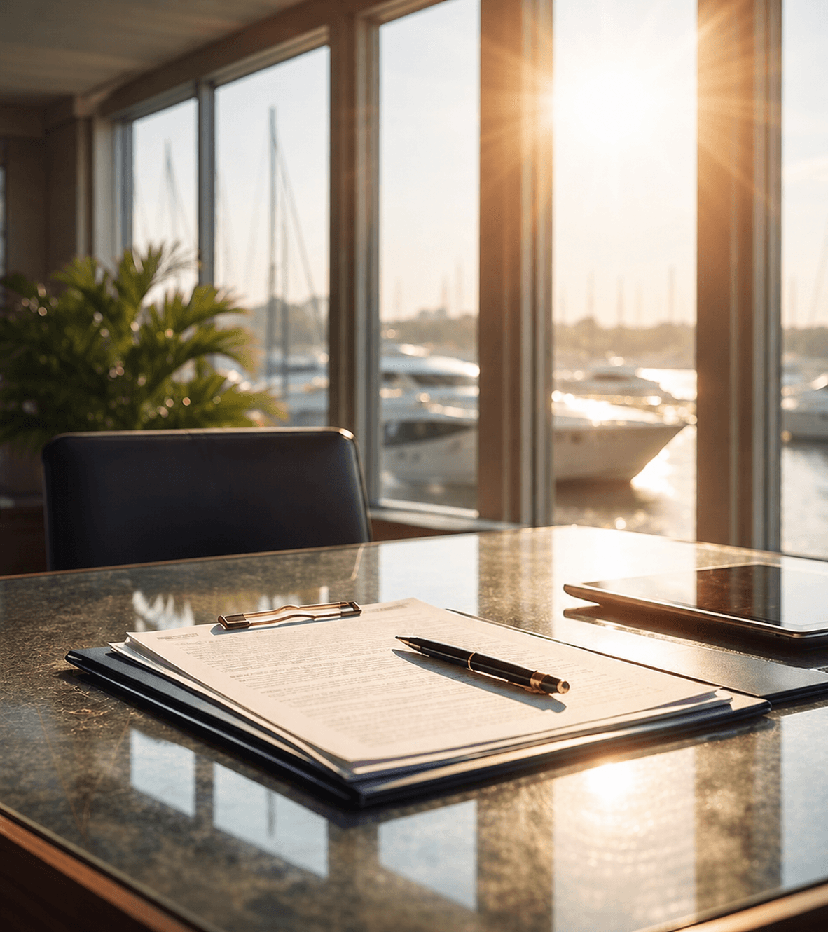 Documents on a desk being reviewed in a professional setting with a marina and yachts in the background