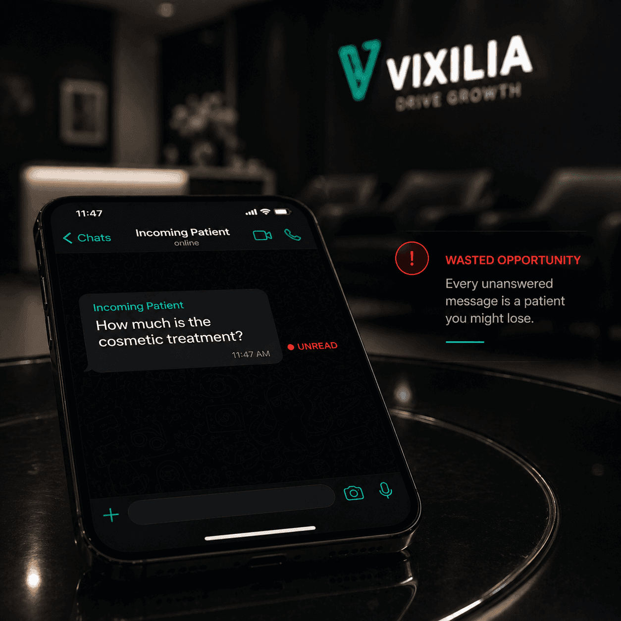 Vixilia healthcare marketing insight showing an unread patient inquiry about cosmetic treatments, demonstrating how slow medical receptionist response times cause conversion leaks and wasted clinic ad spend