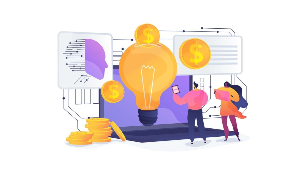 Illustration of a glowing light bulb surrounded by dollar coins, a laptop, and AI-themed icons, representing innovation, financial growth, and strategies for making money with artificial intelligence in 2026.