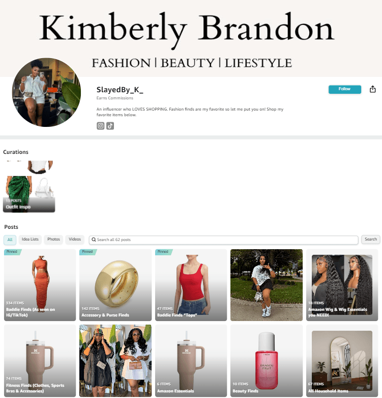 screenshot of influencer kimberly brandon’s amazon storefront