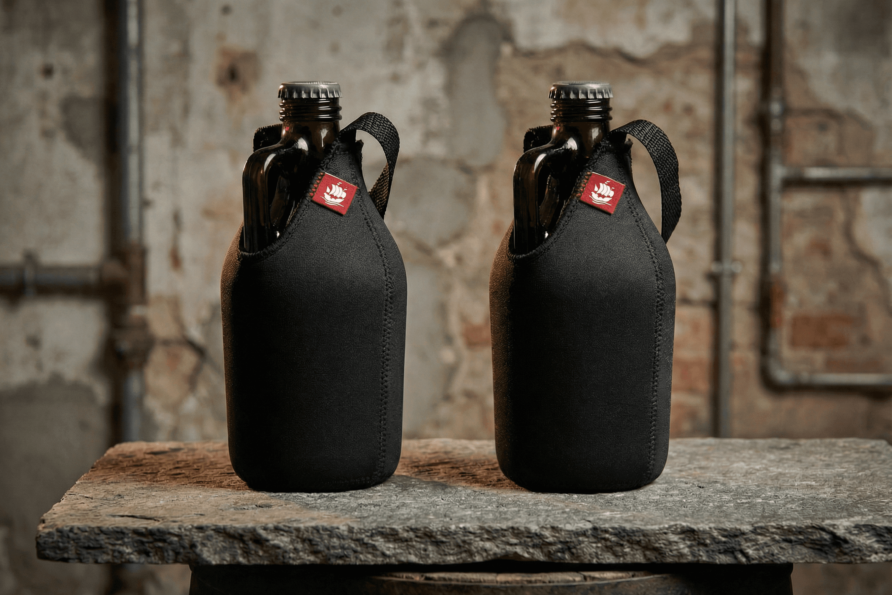 Two growlers in black cozies on a stone slab.