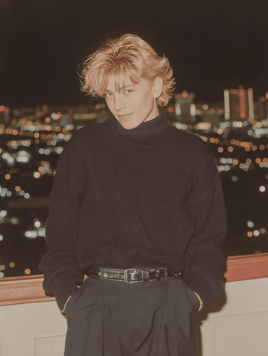 A young man with tousled blonde hair and a black turtleneck sweater stands on a balcony at night, with a softly glowing city skyline blurred in the background.
