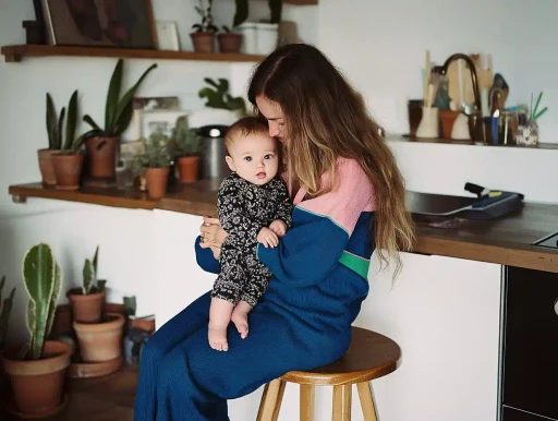 A caring nanny holding a baby in a cozy kitchen, representing the flexibility and 24/7 support provided by ROTA nannies.